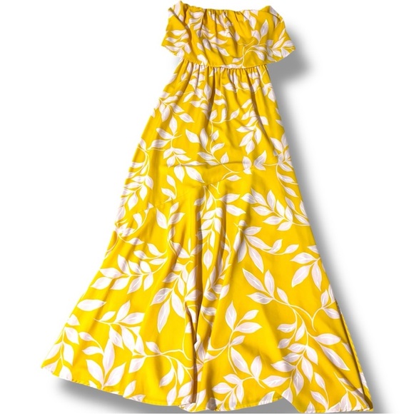 Tyche Bright Yellow with White Leaf Pattern Cinched Waist Strapless Maxi Dress - Picture 8 of 16